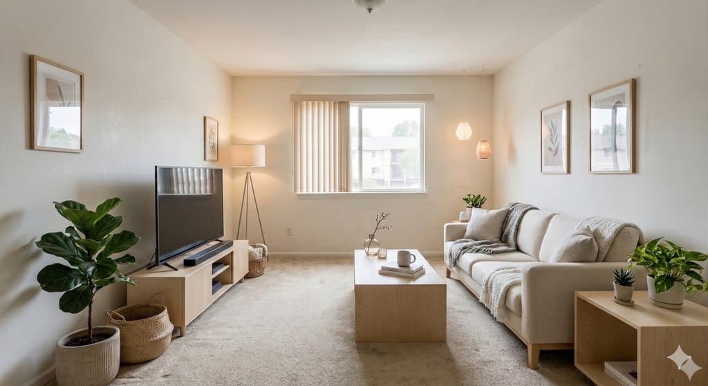 AI-redesigned living room in Scandinavian style